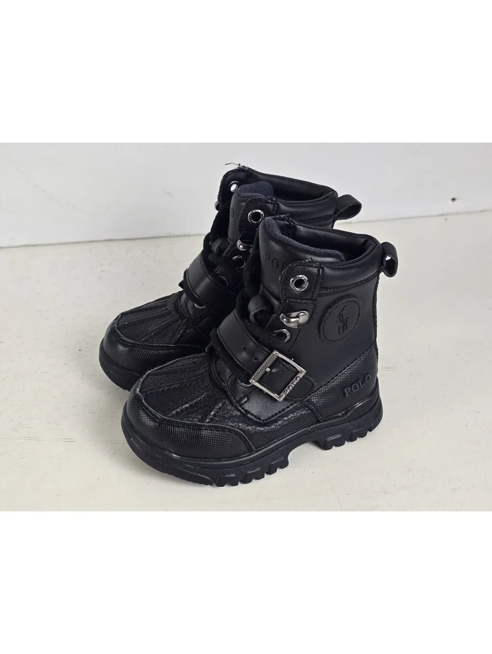 Polo Ralph Lauren Unisex Toddler Boots Black Size 6 Colbey Leather Logo EUC